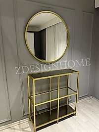 90 Cm Ayna + 90x30x95 Cm Metal Dresuar Takım Gold 01