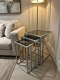 ZDesignHome Gümüş C Sehpa | Füme Cam Modern C Yan Sehpa